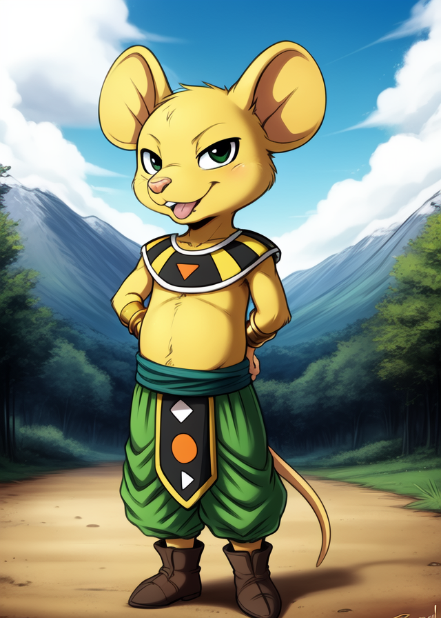 47586-122922367-_lora_QuitelaDrBall_0.95_ QuitelaDrBall, Mouse, yellow soft skin, gold cuffs on the arms, green pants, dark green belt, gray boo.png